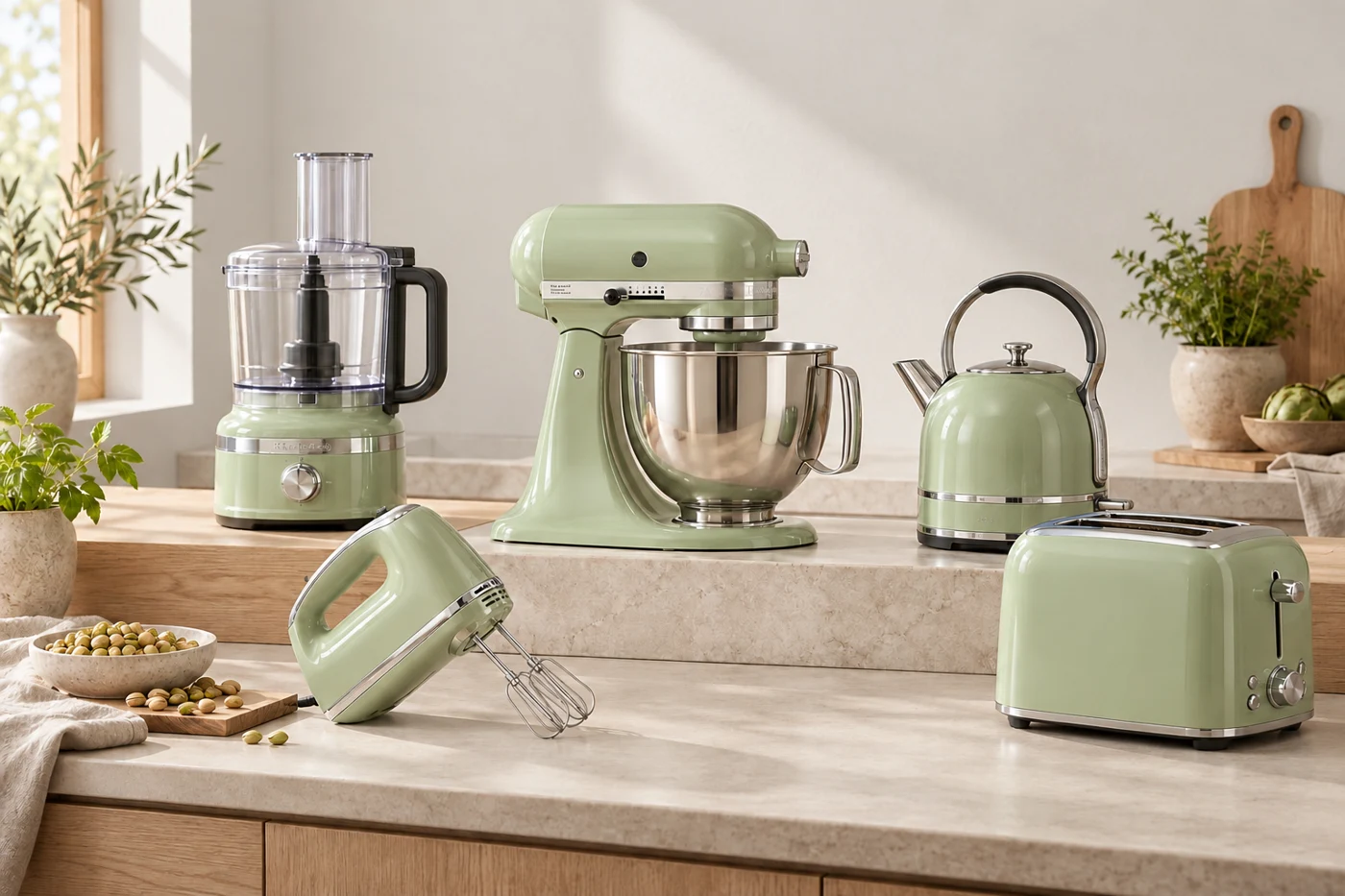 Composição ilustrativa com aparelhos em verde pistache, inspiração KitchenAid