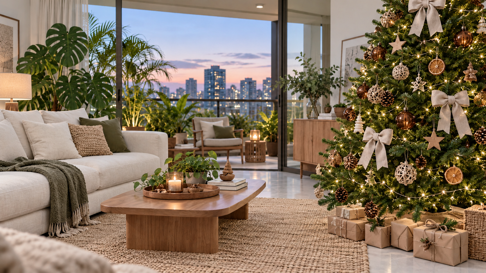 Sala acolhedora com árvore de Natal verde, laços de linho, enfeites naturais e luzes delicadas
